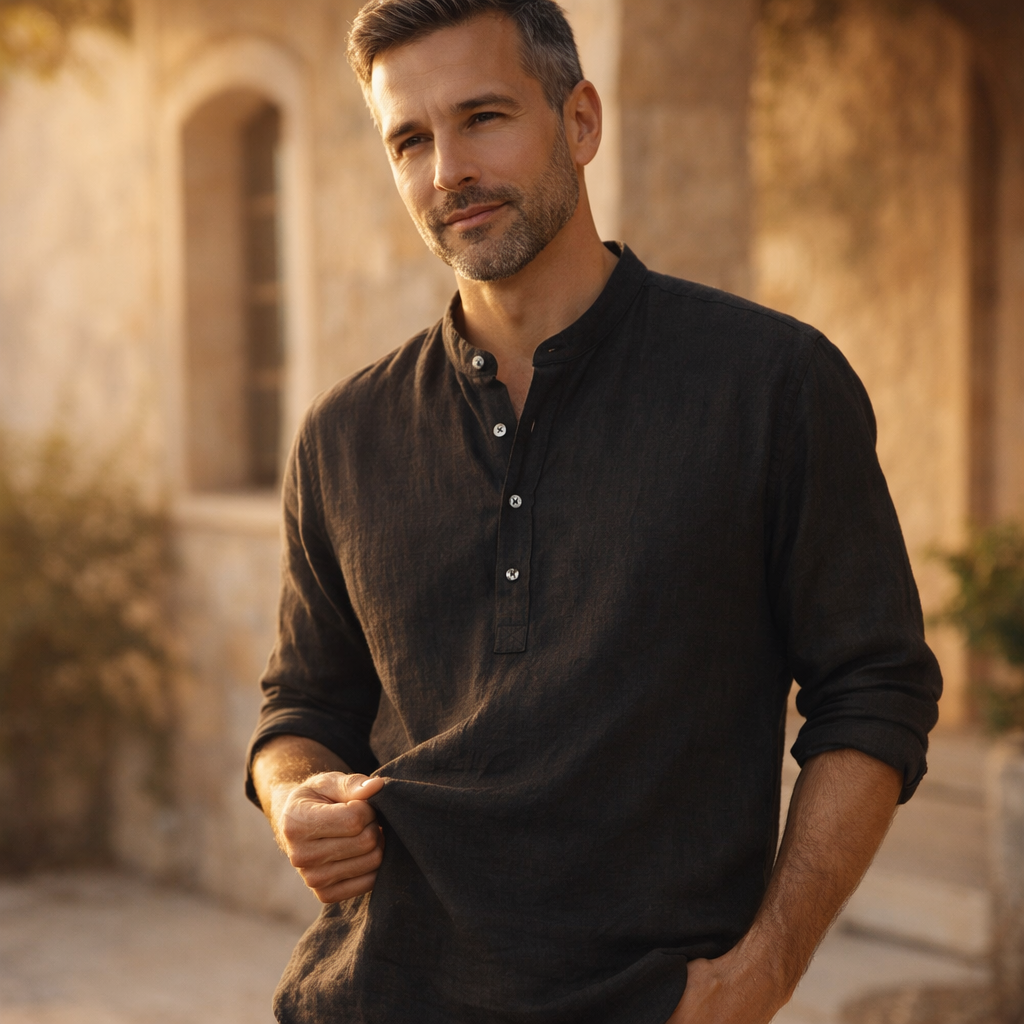 Premium Linen Blend Henley Shirt Grandad Collar