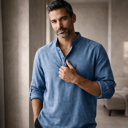 Premium Linen Blend Henley Shirt Grandad Collar