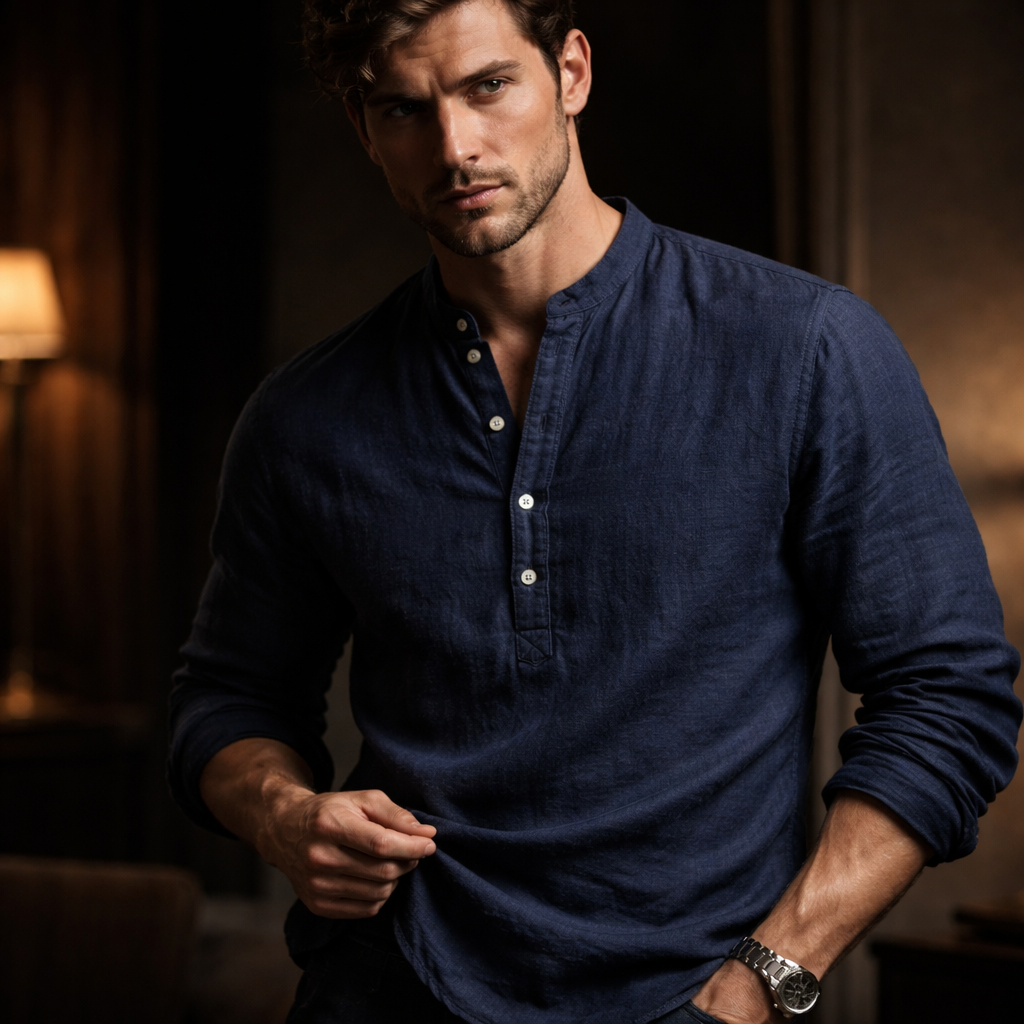 Premium Linen Blend Henley Shirt Grandad Collar