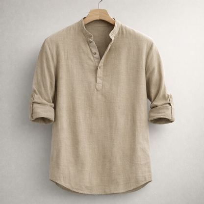 Premium Linen Blend Henley Shirt Grandad Collar