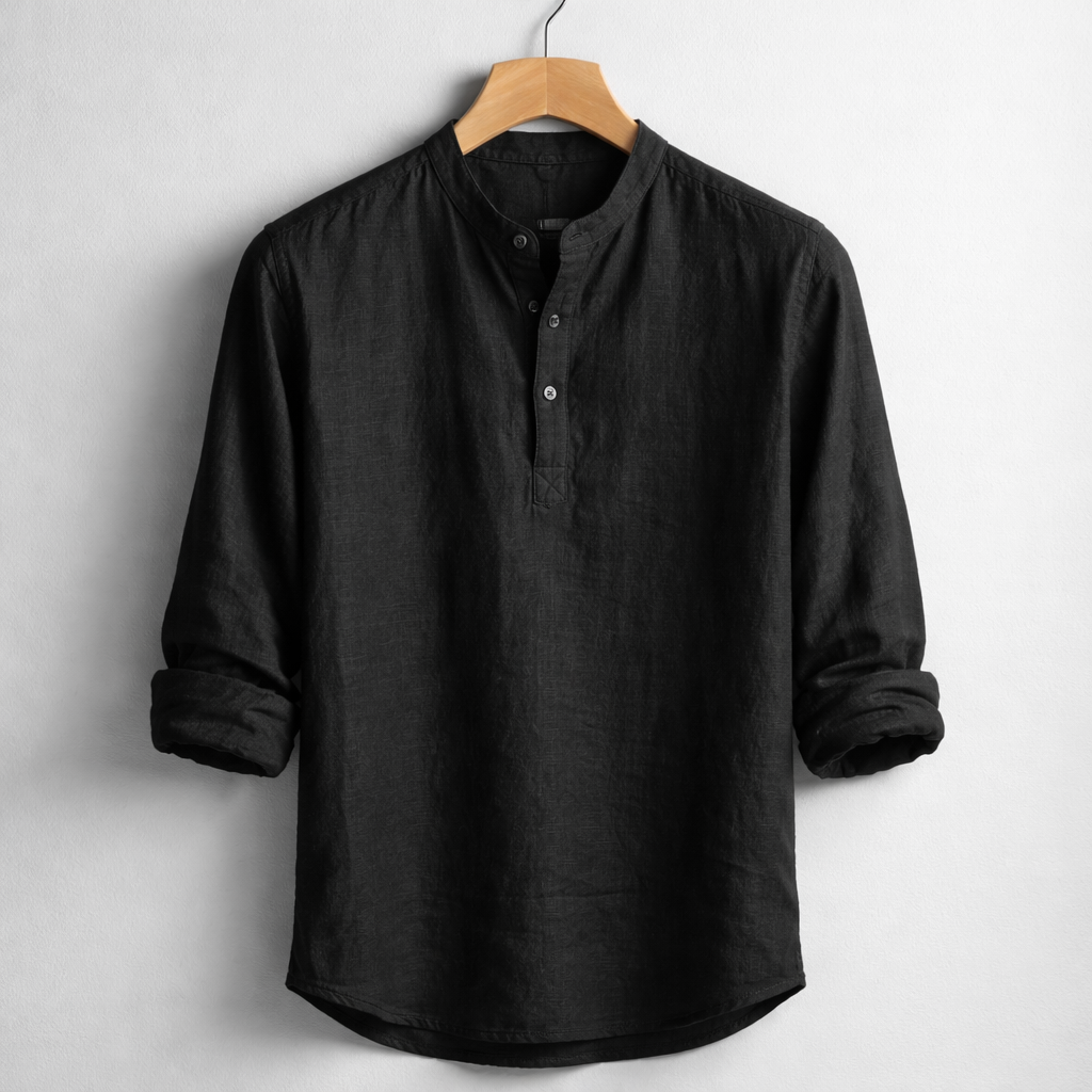 Premium Linen Blend Henley Shirt Grandad Collar