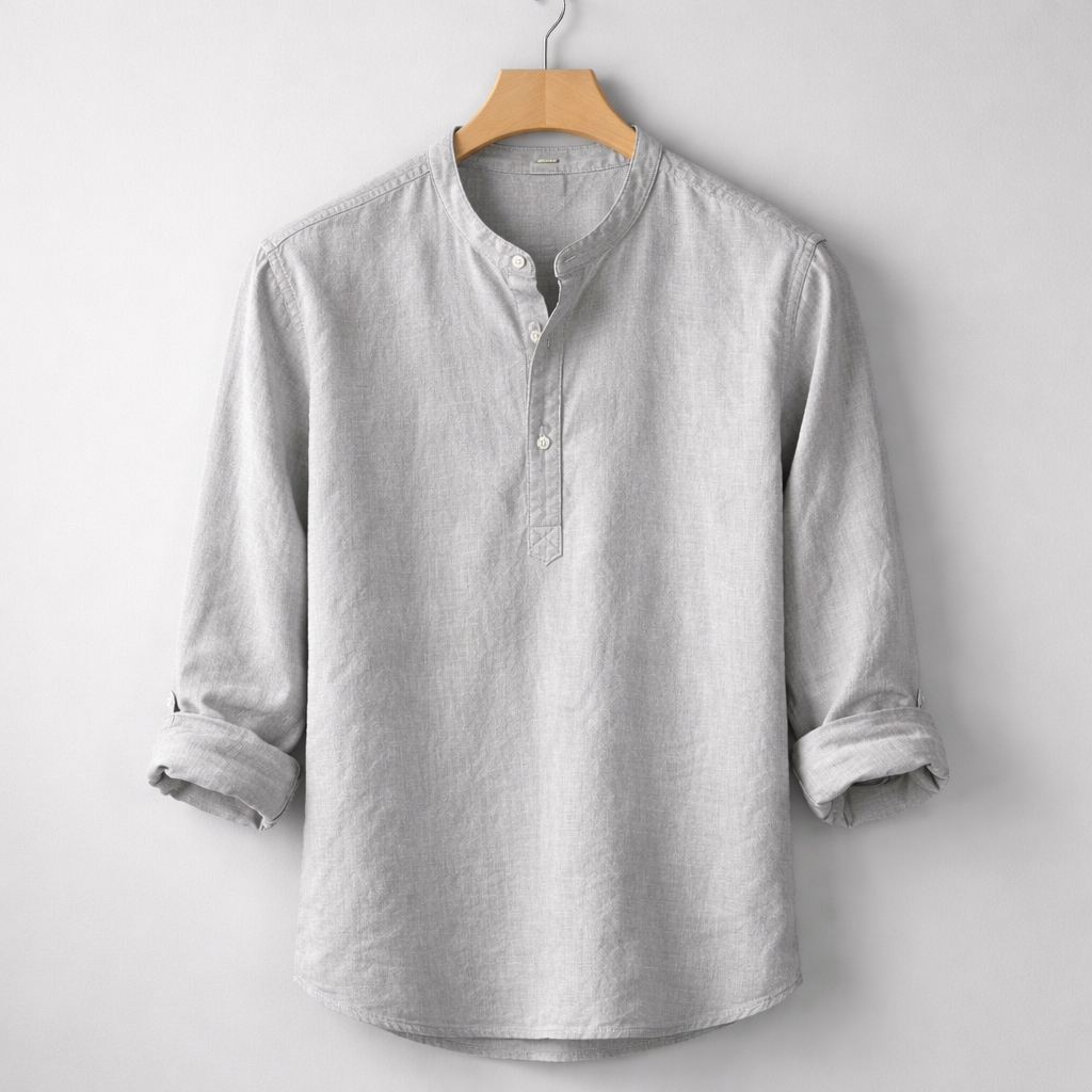 Premium Linen Blend Henley Shirt Grandad Collar