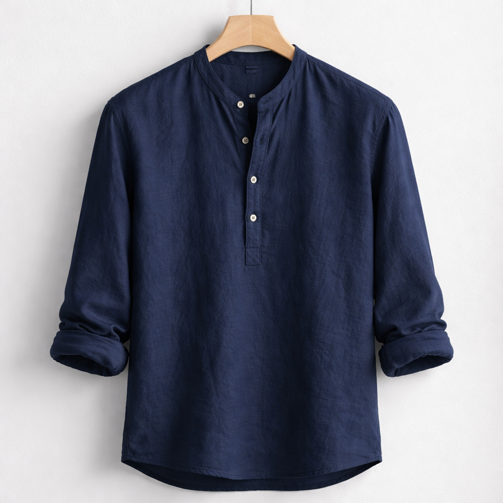 Premium Linen Blend Henley Shirt Grandad Collar