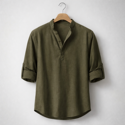 Premium Linen Blend Henley Shirt Grandad Collar