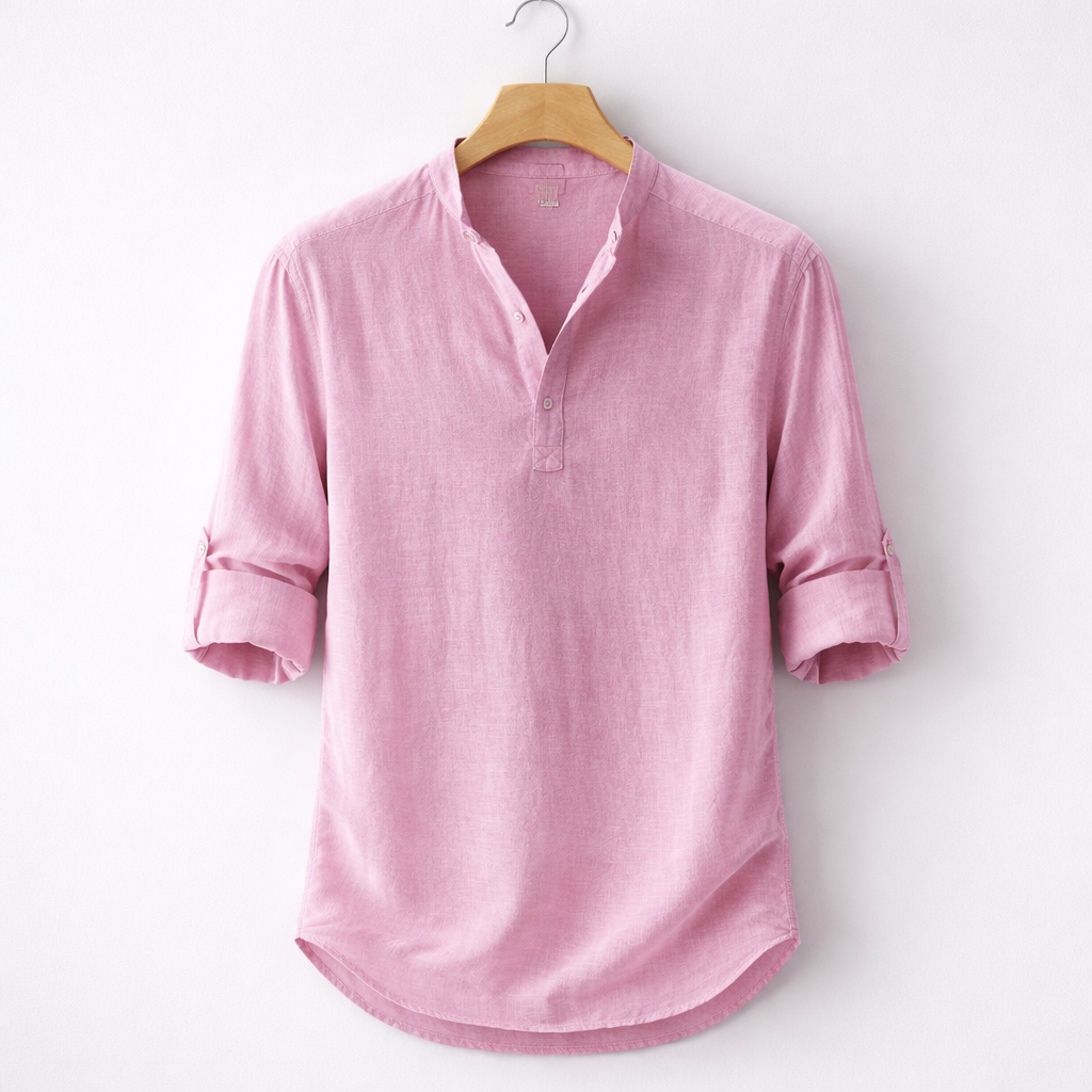 Premium Linen Blend Henley Shirt Grandad Collar
