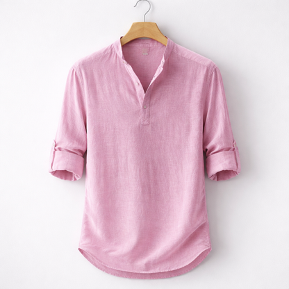 Premium Linen Blend Henley Shirt Grandad Collar