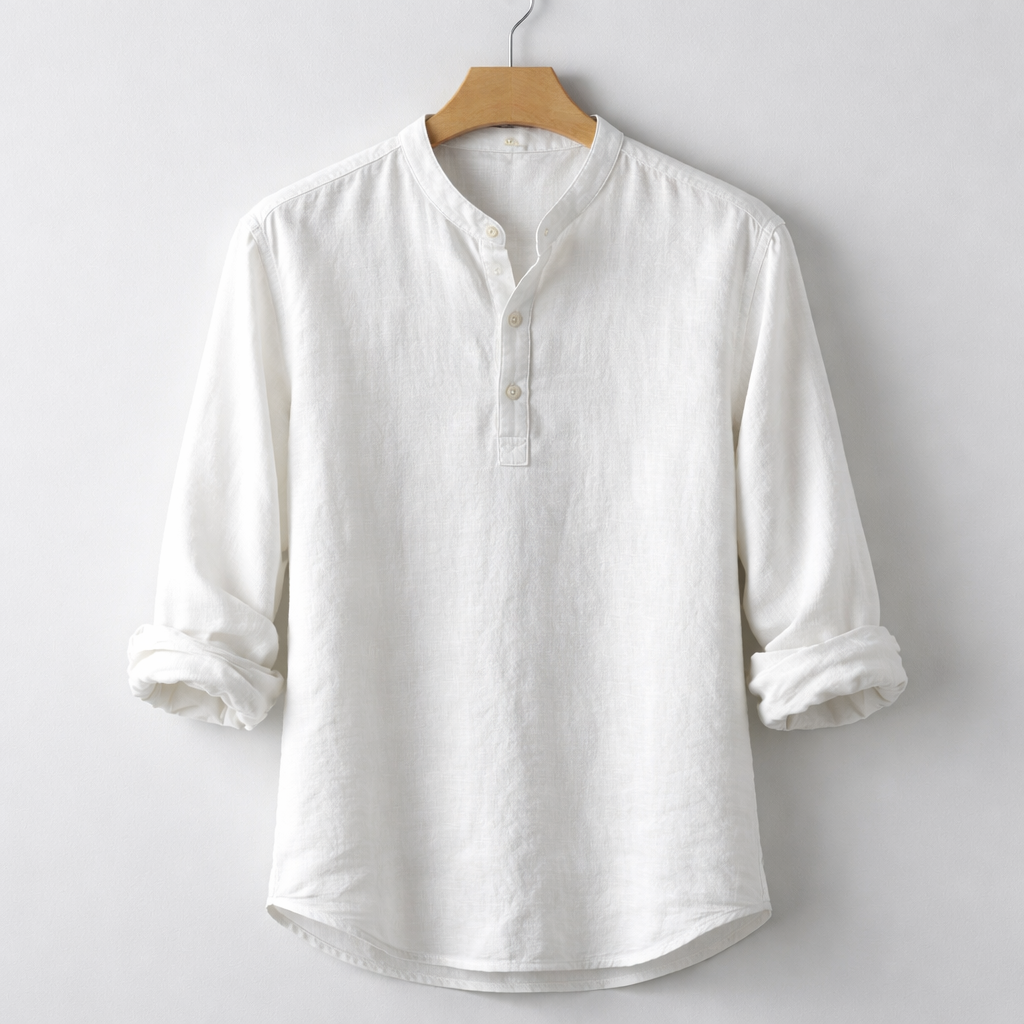 Premium Linen Blend Henley Shirt Grandad Collar